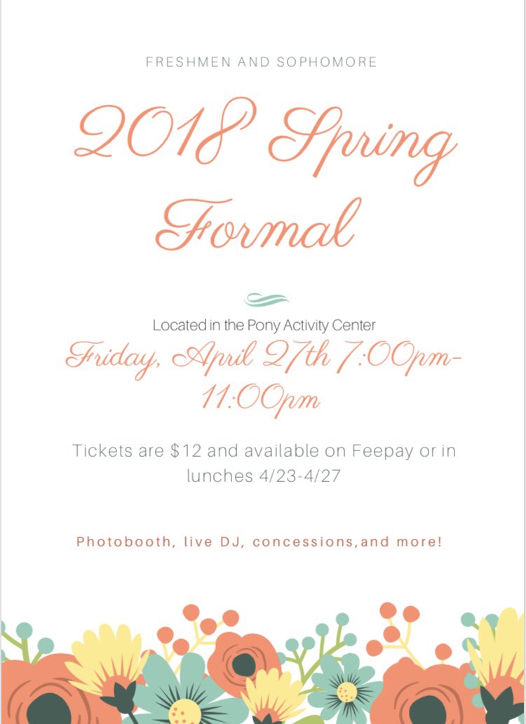 sahsstudco's tweet photo. Hey underclassmen! Make sure to get tickets to the Spring Formal! https://t.co/WIjAH37bQv