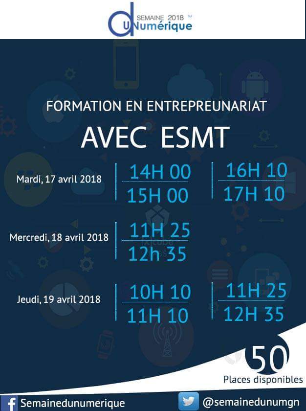 semainedunumgn's tweet photo. FORMATION SEMAINE DU NUMERIQUE
Entrepreunariat avec ESMT

Date: Mardi 17 Avril, Mercredi 18 Avril et Jeudi 19 Avril au Prima Center
Inscription via le lien 👉🏼 https://t.co/9xfX74mQsk

SEULEMENT 50 PLACES DISPONIBLE 

#SemDuNum18 #Formations #entrepreunariat https://t.co/WKIkeZESa0