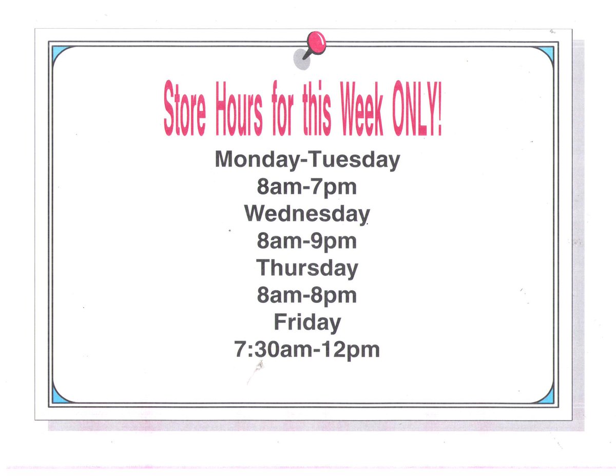 Here are <a href="/HungarianKoshe/">Hungarian Kosher</a>'s new hours for the week starting today:
Mon. &amp; Tues., 8am-7pm
Wed., 8am-9pm
Thurs., 8am-8pm
Fri., 7:30am-12 noon