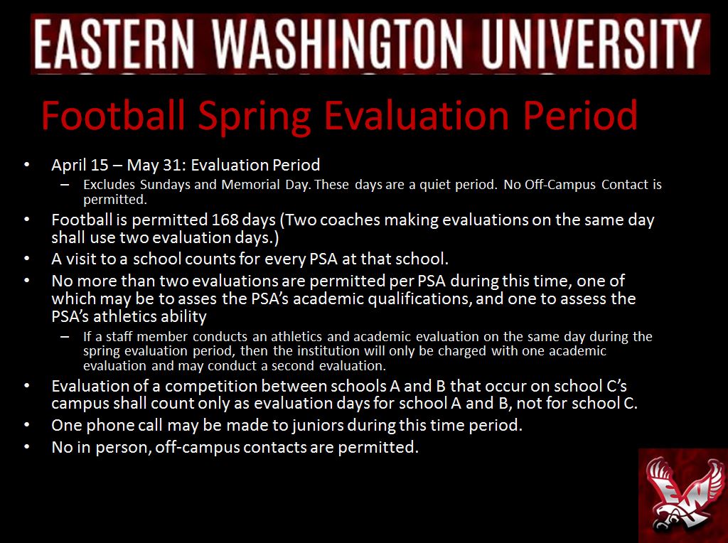 Spring Evaluation period has arrived. Here are few reminders when it comes to evaluating PSA's for the sport of Football. #AskBeforeYouACT #ComplianceReminders #GoEags #WeAreAlwaysWatching