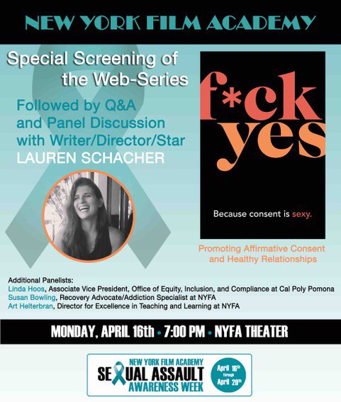 Hey, LA!  Join us tonight at <a href="/NYFA/">New York Film Academy</a> for a screening of Fck Yes (and much more.) Team member <a href="/LaurenSchacher/">lauren schacher</a> (By Pie You Mean, Teamwork, Lobster, etc) will be in attendance. #sexualassaultawarenessweek #consentissexy #consentismandatory