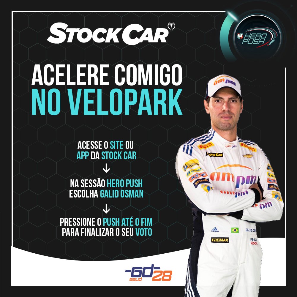 Galid_Osman's tweet photo. Votação aberta para o Hero Push na 3ª Etapa da @Stock_Car, no Velopark. O sistema de votação continua o mesmo. Conto com a torcida e o voto de vocês, vamos pra cima!

#GD28 #IpirangaRacing #AmPm #StockCar #CavaleiroSports https://t.co/nCjZpqrUiZ