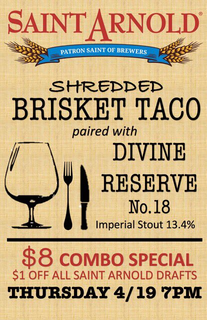 craftyladyy's tweet photo. @SaintArnold Beer and Taco Pairing @fuzzystacoshop in Baytown, TX Thurs 4/19 7pm. Join me and let’s drink this DR18! https://t.co/9Knw0KygSV