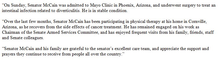 NBCNews's tweet photo. JUST IN: Amid recovery from cancer treatment, Sen. McCain is in "stable" condition after he was admitted to Mayo Clinic in Phoenix and underwent surgery to treat intestinal infection related to diverticulitis, his office says. https://t.co/jf0v6bkJus
