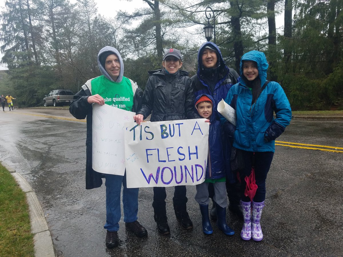 Zeninjor's tweet photo. The rain isn't stopping the Dempsey &amp; Lee family from cheering on one of their own who qualified for the #BostonMarathon.

"It was fantastic. She had a lot more energy than we did," says Joe Dempsey (left) of his sister Sarah who is running the race. https://t.co/wFCnKYvpFK