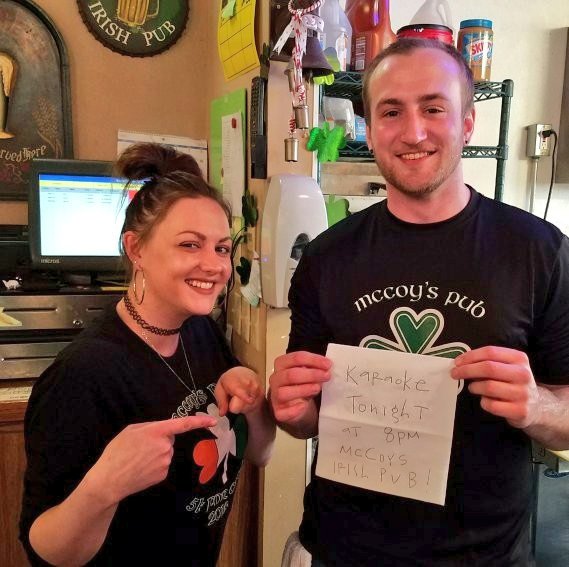 McCoysElkRiver's tweet photo. Emily &amp; Kyle invite YOU to come #sing your ❤ out tonight at #karaoke! 

8pm - come early &amp; grab some grub! @DTElkRiver #mnbar #irish #downtown https://t.co/gcFR6Tm1RN