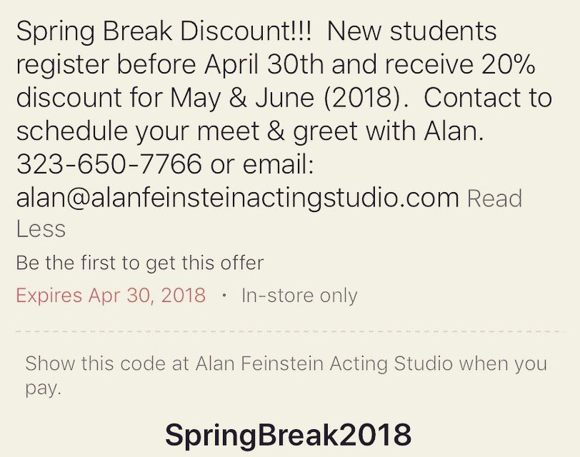 AFActingStudio's tweet photo. Spring Break discount! #actor #actorslife #actingclass #actingclasses #losangeles #hollywood #casting #talent #success #alanfeinstein https://t.co/UeapSxaKxA