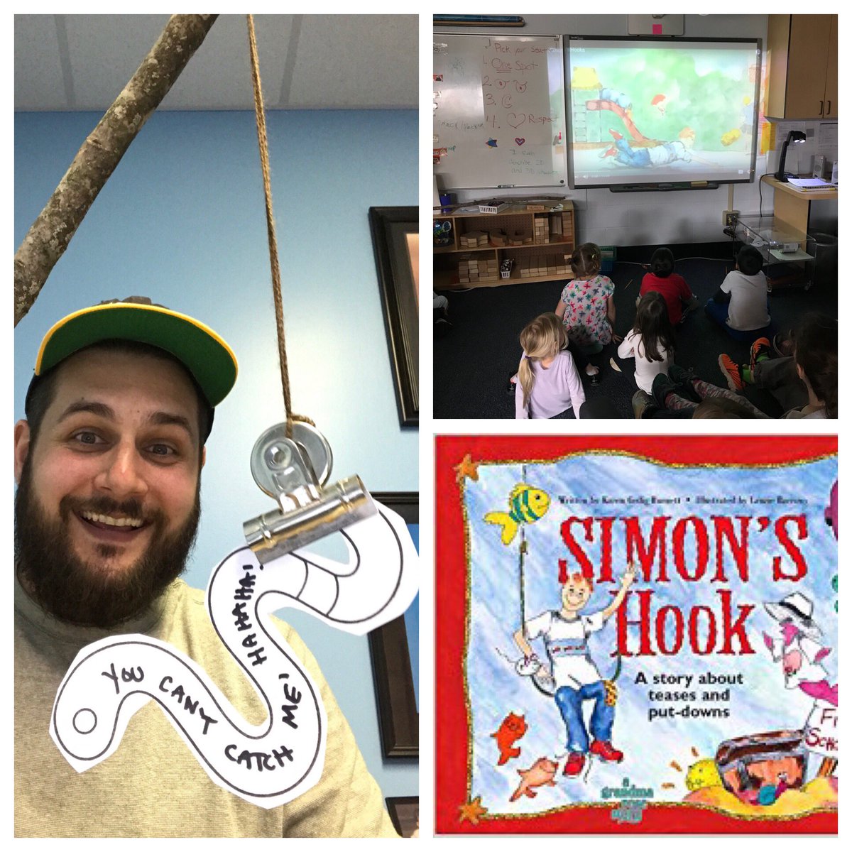 counselingbob's tweet photo. Mr. Steward went fishing in Kindergarten today to teach students how to “not take the bait” and how to respond to teasing and put downs #SimonsHook https://t.co/6B2oT7MprF