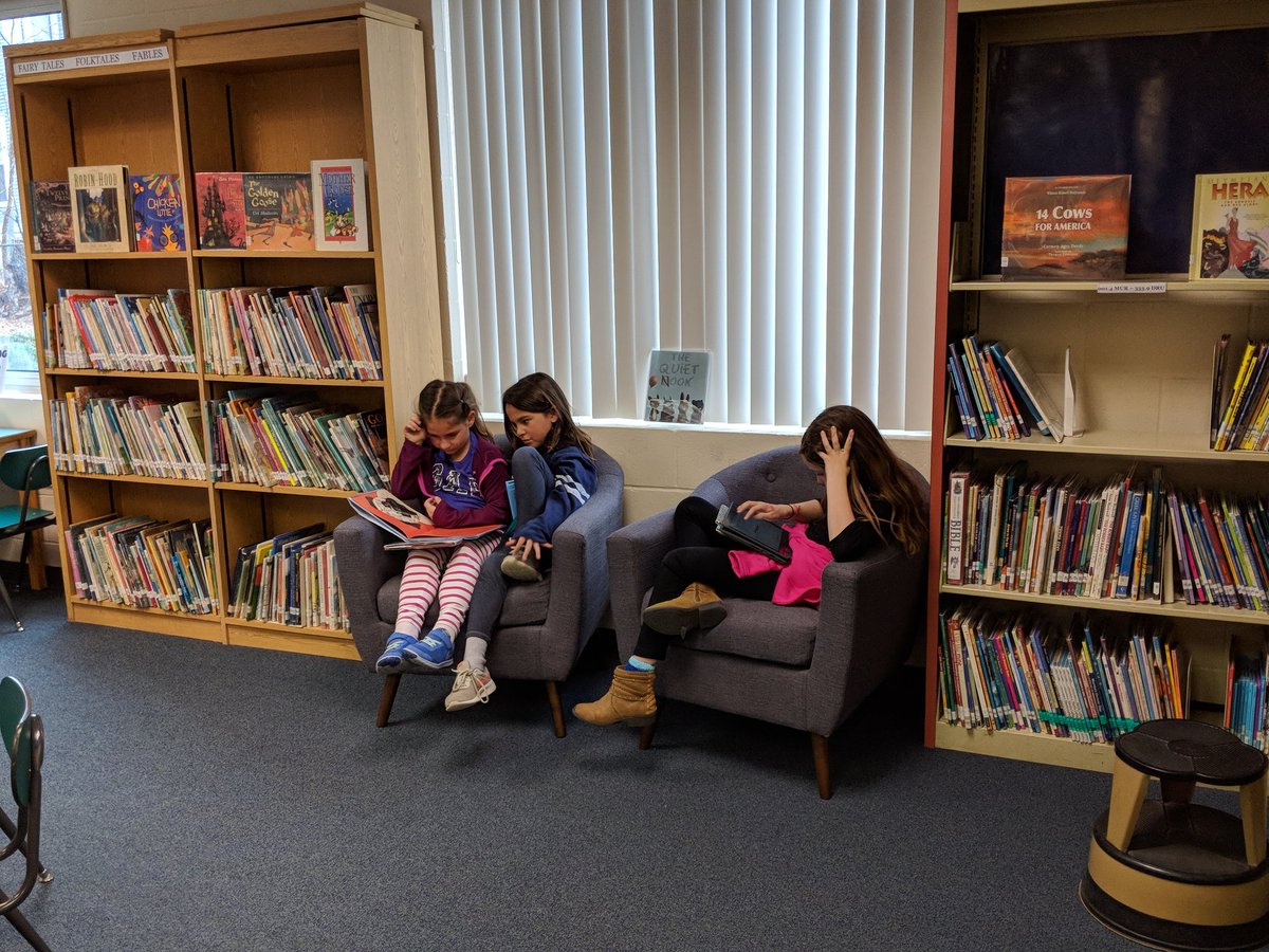 So excited to see students using the new chairs in our resting nook in the library. Teachers have been enjoying this new space as well. Love seeing our library space in use.