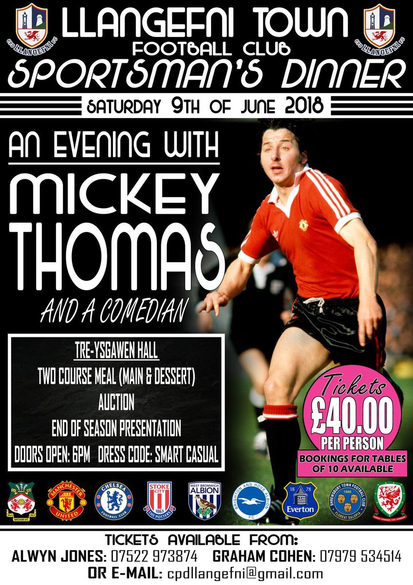 LlangefniTownFC's tweet photo. EVENT | Sportsman's Evening with Mickey Thomas.  DM us if interested. 

#football #wrexham #wales https://t.co/NT26QmXfRh