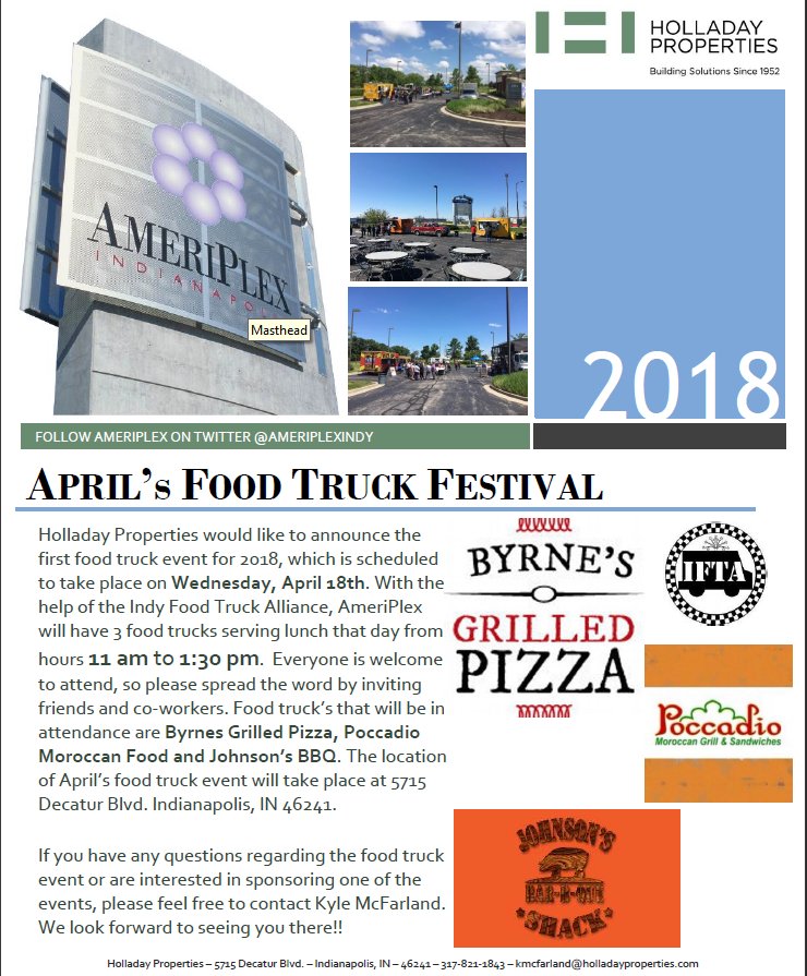 AmeriPlexIndy's tweet image. Food Trucks are returning to AmeriPlex for lunch on Wednesday the 18th from 11am to 1:30pm. Come by @HolladayProp located @ 5715 Decatur Blvd. to enjoy great food @ByrnesPizza @jbbqshack @IndyFTA