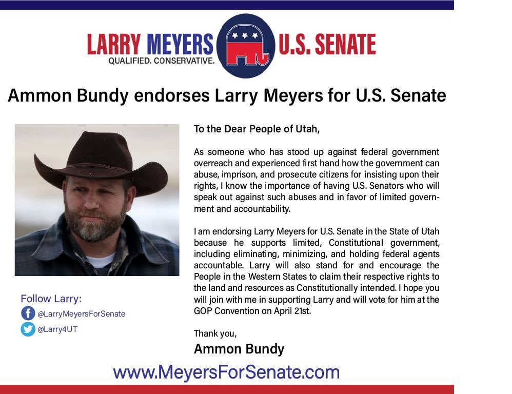 LarryM4Utah's tweet photo. Retweet if you’re a Constitutional Conservative. 

Ammon Bundy endorses Larry Meyers for the U.S. Senate in his bid for the Utah seat against Mitt Romney.

Please consider donating to my campaign here https://t.co/L4Vx5a92YJ https://t.co/8vbb7CcQPa
