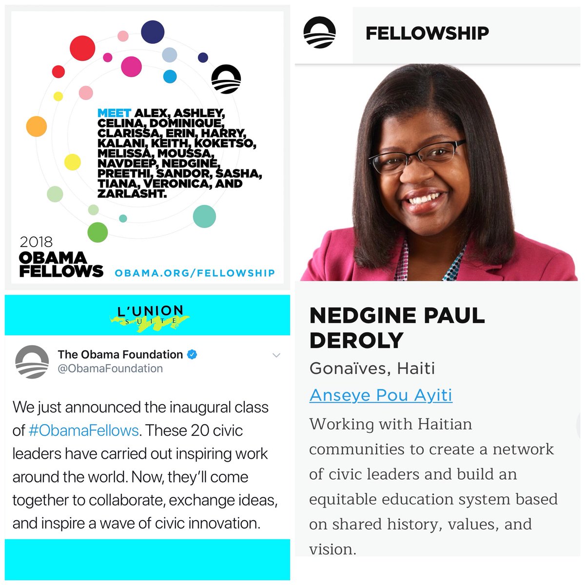 Major Congratulations to Nedgine Paul Deroly and Anseye Pou Ayiti for being selected for the inaugural class of #ObamaFellows.

🇭🇹👏🏾 Over 20,000 people frm 191 countries applied. 20 were selected for the inaugural Fellows who represent 11 countries around the world. #Haiti