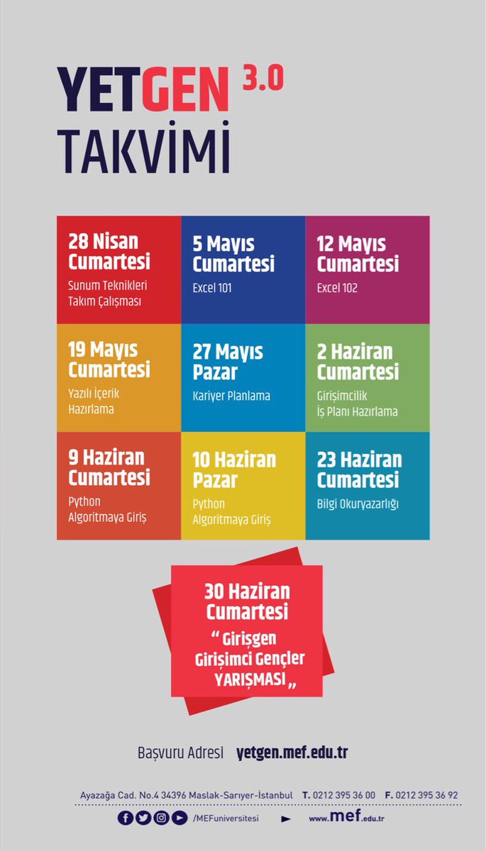Yilin en keyifli donemi: YetGen 3.0 basliyor! <a href="/zorluholdingtr/">Zorlu Holding</a> destegiyle lise ogrencilerine yonelik 10 haftalik ucretsiz yetkinlik gelistirme egitimi + egitim sonunda odullu GirisGen is fikri yarismasi. Basvuru ve ayrintili bilgi: yetgen.mef.edu.tr