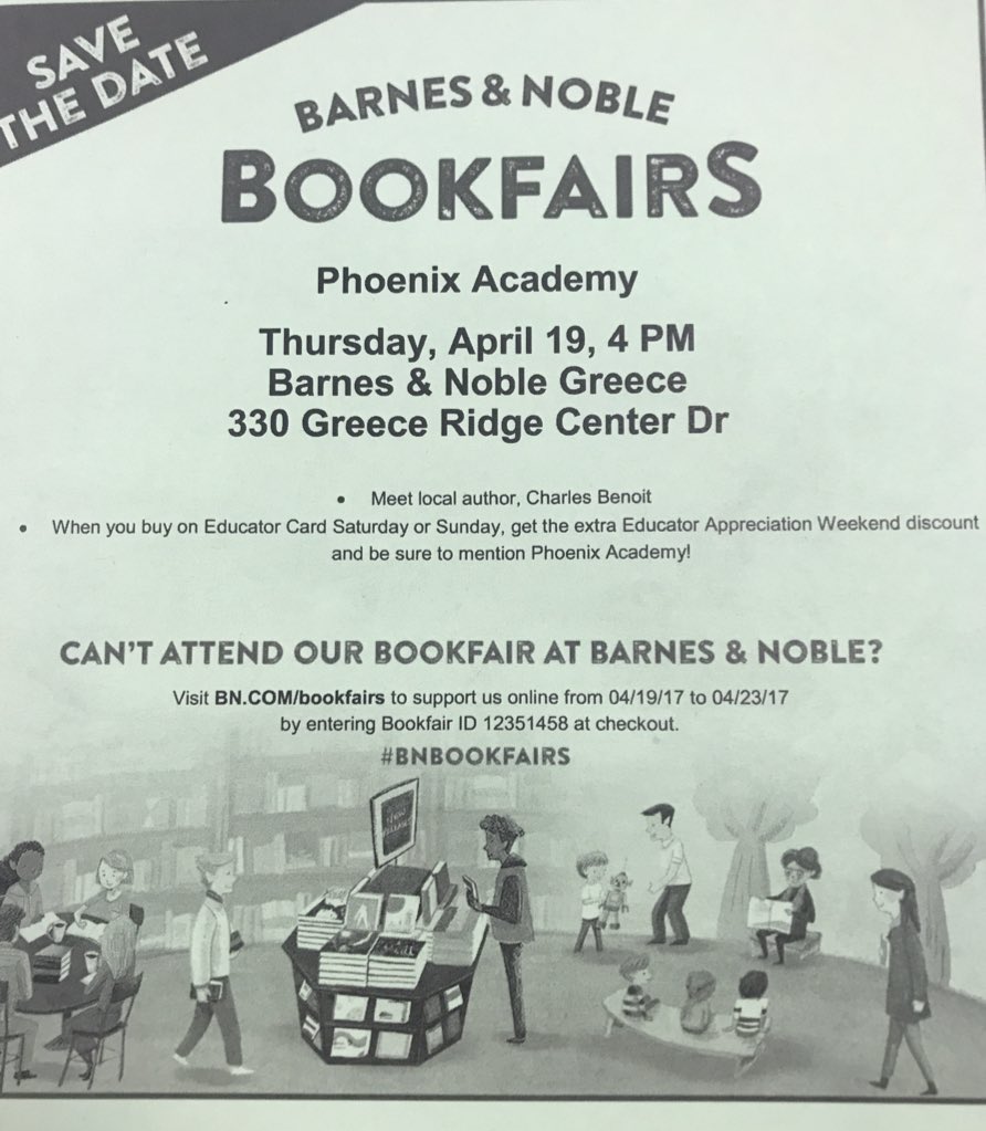 GreecePhoenix's tweet image. Don’t Forget!!!! This Thursday at Barnes and Noble - come support the Phoenix Academy!! Remember you can call or order books online! Just use our bookfair ID 📚 #phoenixAcademy #BNBookfairs  @GreeceCentral