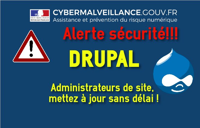 cybervictimes's tweet photo. ⚠️#ALERTE #Cybersécurité CERT-FR pour administrateurs sites #Drupal: Code d'exploitation CVE-2018-7600 public. Touche toutes les versions. Permet d'accéder, modifier, supprimer toutes les données du site sans authentification. Mettez à jour d'urgence!
  https://t.co/RdR0uOuPWU https://t.co/HKV7WQb7C7
