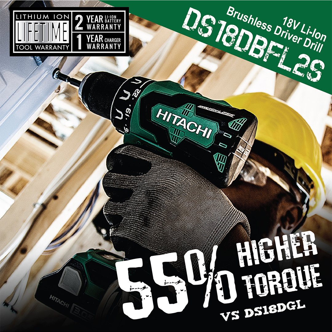 MetaboHPT's tweet photo. Need a #Brushless motor technology that delivers more power to the motor by minimizing unnecessary energy loss through friction & heat & delivers 55% higher torque? Check out the #Hitachi DS18DBFL2S 18V Li-Ion Brushless #DriverDrill. https://t.co/dTMmPQE6E8 https://t.co/4biqNSyXF0