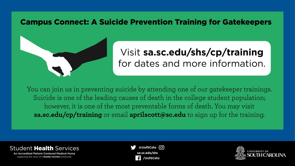 Suicide is one of leading causes of death in the college student population, but it is also one of the most preventable. Our next Suicide Prevention Gatekeeper Training is April 18 from 1-3 p.m. in the Center for Health and Well-Being Room 219. Sign up: ow.ly/UvH630ja4Dh