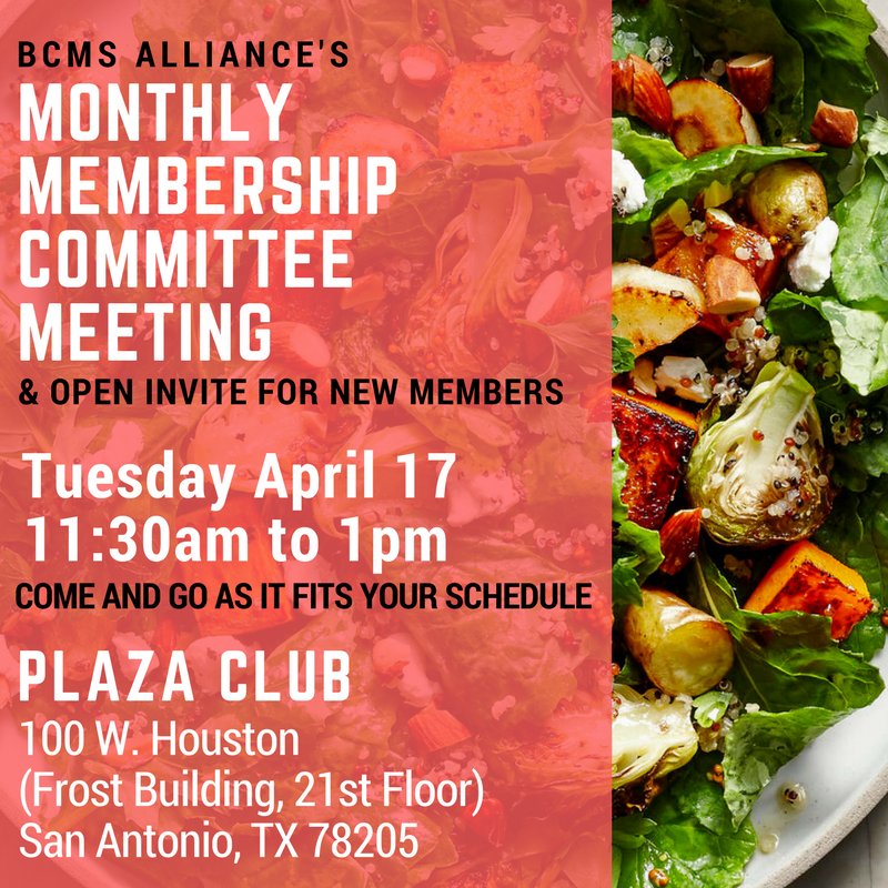 BCMSAlliance's tweet photo. Join 2018 VP of Membership James Duerr tomorrow at 11:30  a.m. @Plazaclub_sa for our Monthly Membership Meeting. Open to all current &amp; potential Alliance members! #familyofmedicine #bexarcounty #sanantonio #texas #satx #satxeats #marriedtomedicine #bettertogether #letslunch https://t.co/x57F8VIIIs