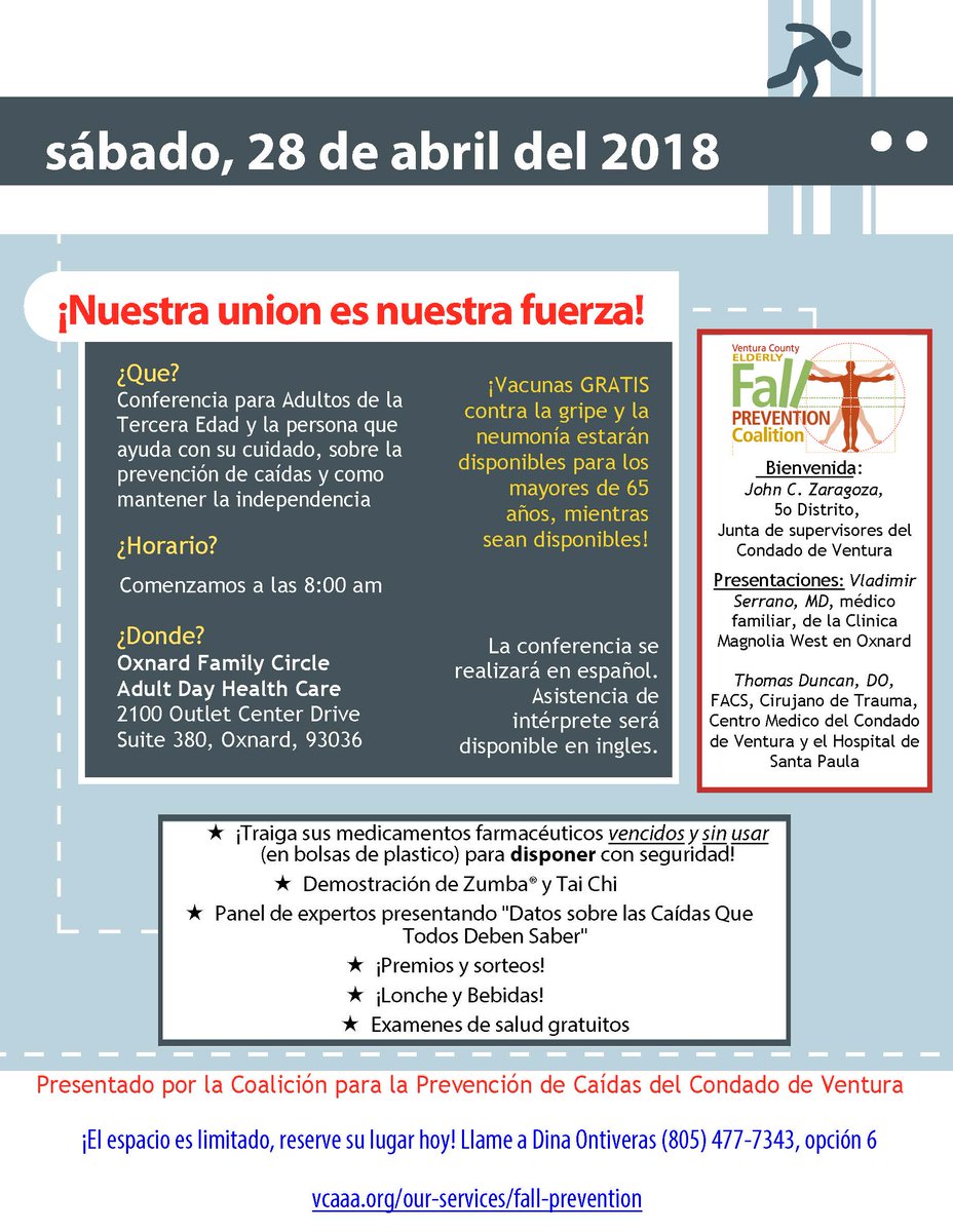VCMC_TraumaDept's tweet photo. Esta buscando fortalecer el equilibrio y la movilidad? Únase a nosotros para el foro bilingüe, “Nuestra union es nuestra fuerza,” el 28 de abril, para hacer los cambios necesarios para fortalezer el equilibrio y movilidad. Llame hoy para reservar su espacio: (805) 477-7343. https://t.co/cpf8KumBQD