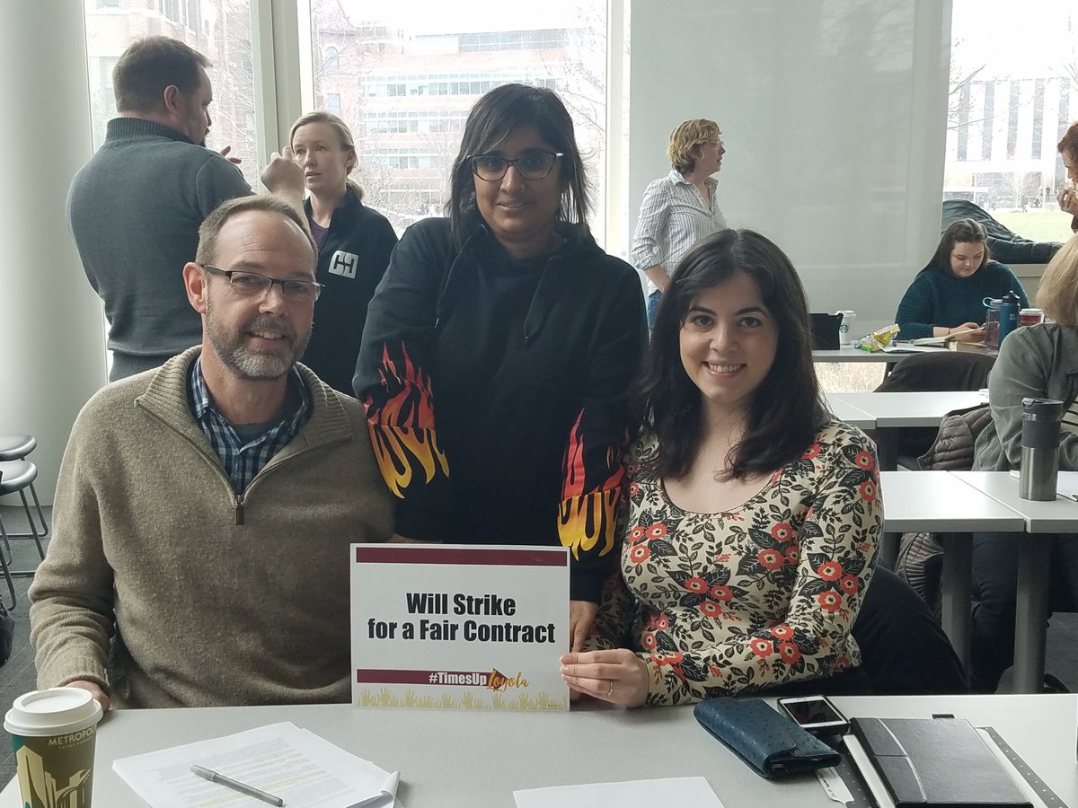 Michael in English, Sarita in Art History and Gina in Sociology are in the room where it happens and ready to finish a contract with <a href="/LoyolaChicago/">Loyola University Chicago</a>.  They are not throwing away their shot at fair wages and job security#timesuployola <a href="/Lin_Manuel/">Lin-Manuel Miranda</a> <a href="/APaigeWarren/">Alyson Paige Warren</a> <a href="/aMustReid/">Nicolas Reid</a>