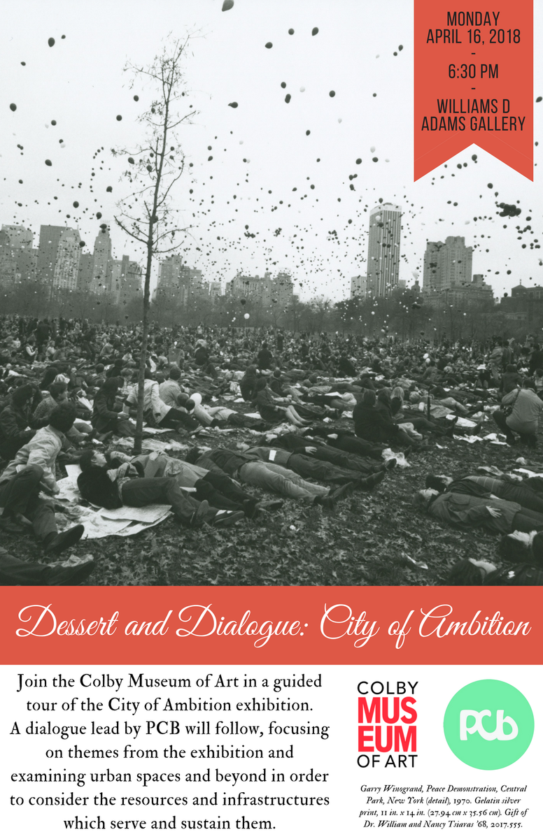 PCBColby's tweet photo. Join PCB and the Colby Museum of Art @ColbyMuseum for desserts 🍪 and dialogue 🗨️ tonight at 6:30pm in the Williams D Adams Gallery of the Art Museum! We will take an exclusive tour of the City of Ambition exhibition and discuss themes of 📸 photography and 🏙️ urban spaces. https://t.co/c5gk2t2RzD