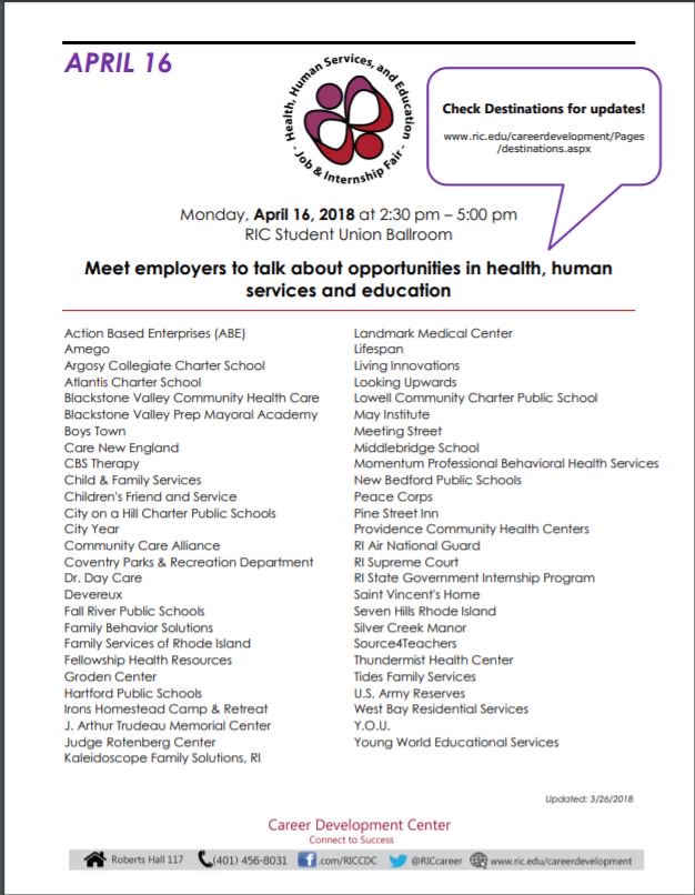 Don't miss out on today's career fair happening in the Union Ballroom from 2:30-5! Free and open to all!

<a href="/RICL4L/">RIC Learning for Life (L4L)</a> <a href="/RICProgramming/">RIC Programming</a> <a href="/RICNews/">Rhode Island College</a> @RICollege_SU <a href="/RICWomensCenter/">RIC Women's Center</a> <a href="/WXIN/">90.7 WXIN</a> <a href="/scgric/">RIC Student Community Government, Inc.</a> <a href="/FrankDSanchez/">Frank D. Sanchez</a> @JLMeriwether06 <a href="/RICGreekLife/">RIC Greek Life</a> <a href="/RICcareer/">RICCareerDevelopment</a> <a href="/RICCommClub/">RIC Comm Club</a> <a href="/obomric/">OBOMRIC</a> <a href="/RICdining/">RIC Dining Services</a>