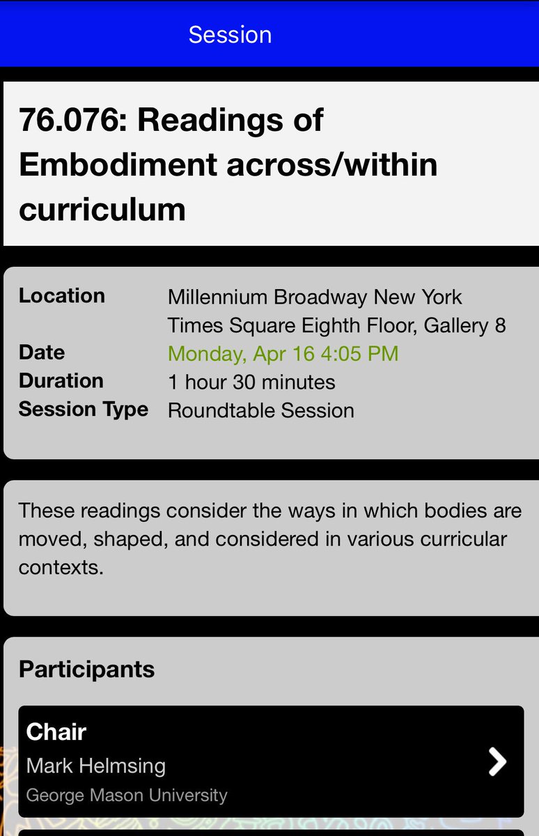 Will be presenting with a great group of people doing work on bodies and embodiment in curriculum theory for a Division B roundtable session this afternoon at 4:00 #AERA18