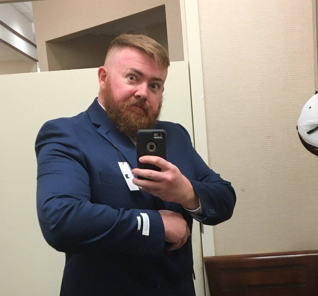 KiloTheRed's tweet photo. I donโt dress up often but I think I clean up pretty well! Although Iโm a sneeze away from hulking my way out my new suit ๐ช๐ป๐ #BigDudeProblems https://t.co/dZSXyPjuPS