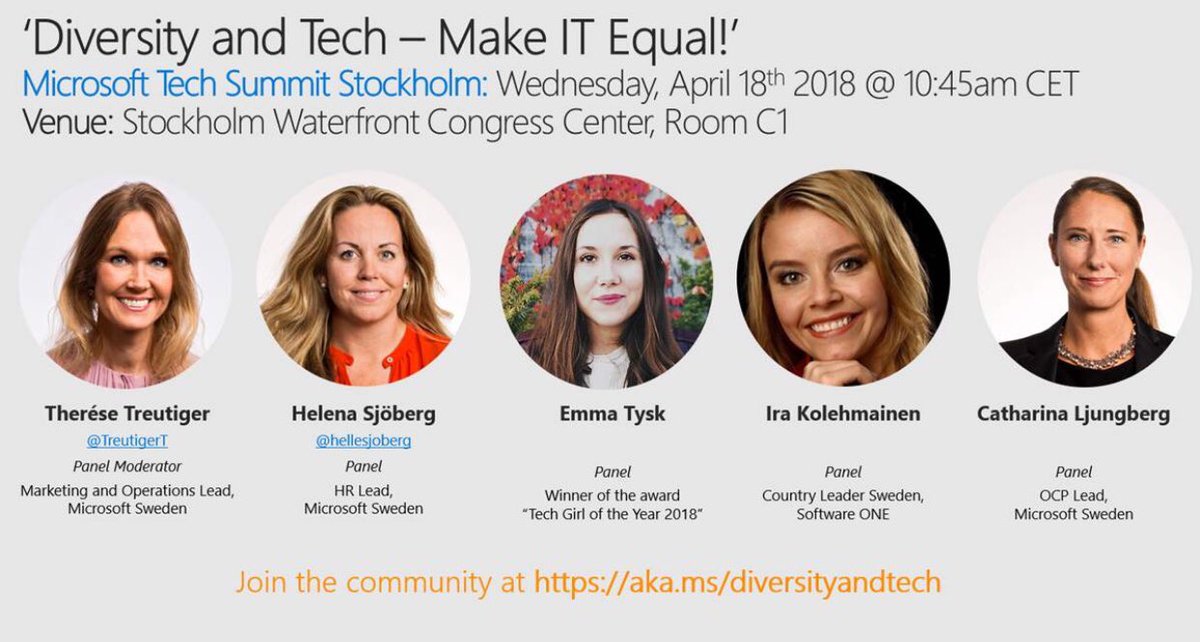 shonadelie's tweet photo. In Stockholm for #MSTechSummit? Make sure you hit the #DiversityandTech “Make IT Equal!” breakout session featuring inspiring women such as @TreutigerT, @hellesjoberg from @Microsoft, Ira K from @SoftwareONE and Sweden Tech Girl of the Year 2018 winner Emma Tysk! @MSEurope 🙌🏻 https://t.co/PCVp6fpZ80