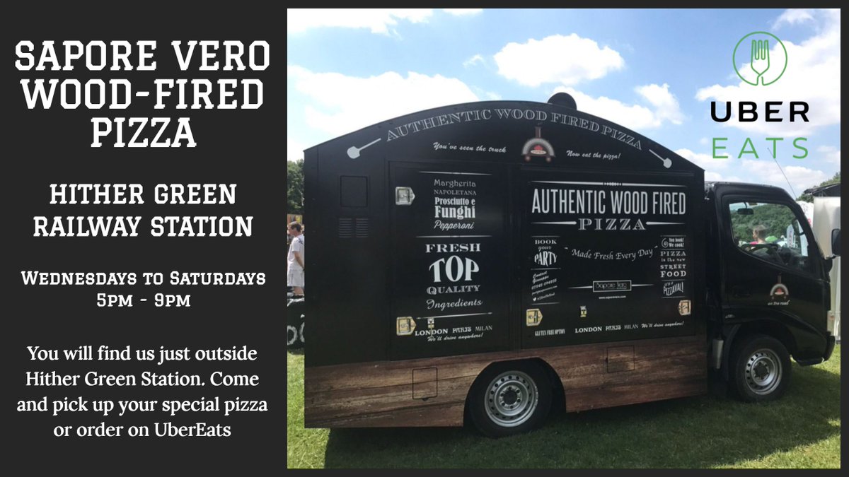 Collect some wonderful wood-fired pizza for the whole family on your commute home from <a href="/SVonTheRoad/">Pizza on the Road</a> in HITHER GREEN, just outside the railway station Wednesdays to Saturdays. Available also to order on UBER EATS More information on their website at goo.gl/6K1DdA