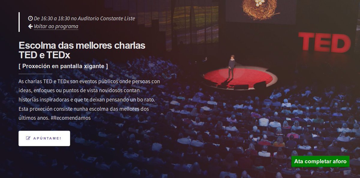 Elemento novo para a tarde do LibreTeo 2018 (sábado 28 de abril no Auditorio Constante Liste da Ramallosa, Teo). Entre as 16:30 e as 18:30, proxección en pantalla xigante dunha escolma das mellores charlas TED e TEDx. libreteo.gal