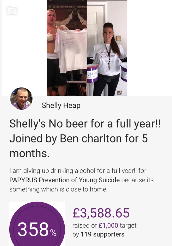 shellyheap's tweet photo. @PAPYRUS_tweets I am now 7 months dry of my challenge, my friend Ben is now joining me in my challenge for the last 5 months! Look at that amount so far 🙌🏽#SuicideAwareness #MentalHealthAwareness #charity #savinglives #helpingothers #findingithard #wontgiveup #determined 💜💙 https://t.co/BqfEjQLfaO
