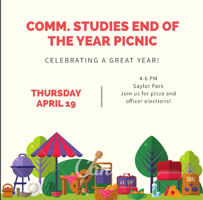 CommStudiesClub's tweet image. Come out and join us for a picnic in Saylor park this Thursday! We will also be holding officer elections for next year so be sure to come &amp;amp; cast your vote!