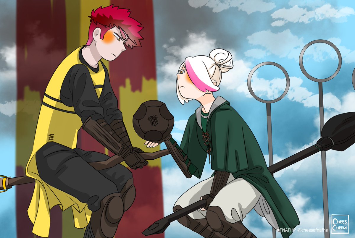 cheescheesyy's tweet photo. Así se conocieron los conejitos uwu💕

(Y sí, sé que Meg lleva traje de buscador pero sostiene el Quaffle)
(Y SÍ, Bonnie está en la torreta de Hufflepuff pero porque puede -es amigo de Fox-)
Si encima me sacan faltas tendré que matarlos >:)

#FNAFHS #FNAFHP #hogwartsau https://t.co/hFi4Xuq4Yt