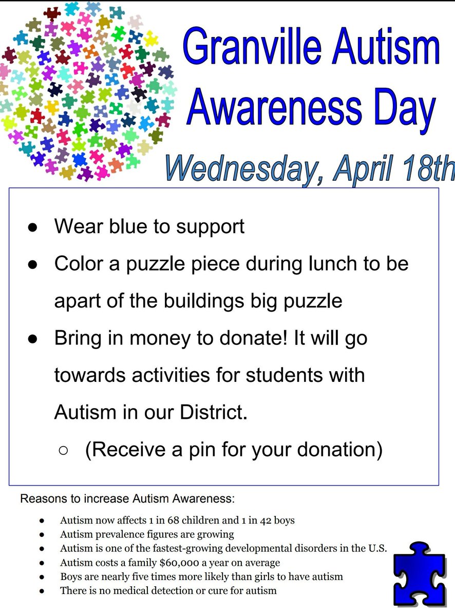 Horde_Ramirez's tweet photo. Wear blue on Wednesday for Granville autism awareness day! https://t.co/hO8UYeRc7i