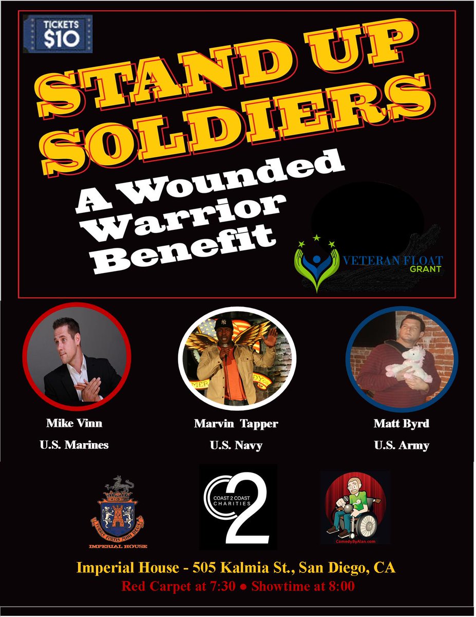 chokeonritalin's tweet photo. JUST ANNOUNCED @VinnyMonroig Productions will be working the Red Carpet for the #SanDiego @vetsfloat event THIS Thurs! Get your tix here: https://t.co/BYjS7LH7XR #Military #Veteran line up! Hosted by @DannyJayRico featuring @MikeVinnComic, @JMatthewByrd and more! #comedy4acause https://t.co/XYcXlm22aV
