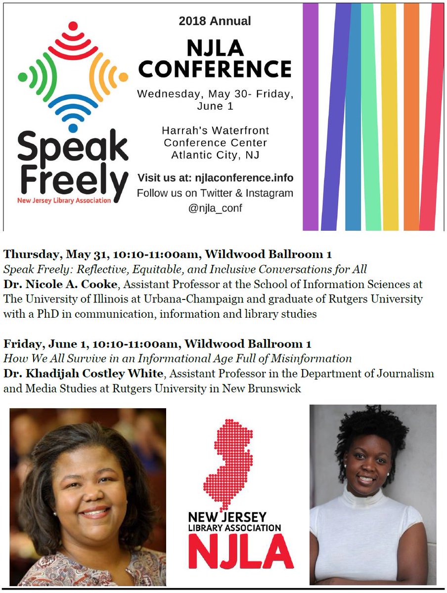 njla_conf's tweet photo. Meet #NJLA18 Keynote speakers Dr. Nicole Cooke &amp; Dr. Khadijah White, who will be speaking freely on topics of vital relevance to the library profession &amp; beyond, from free speech to fake news and more #speakfreely #libconferences https://t.co/Qs5e5Xls0k https://t.co/PuBaB3QwSz