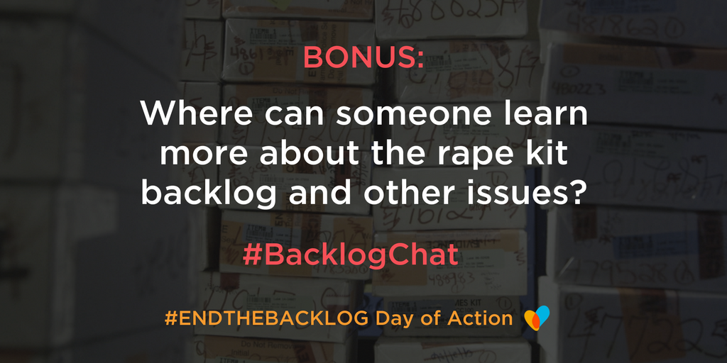 TheJHF's tweet photo. Bonus question: Where can someone learn more about the rape kit backlog and other issues? #BacklogChat https://t.co/Je1A7v0Jx0