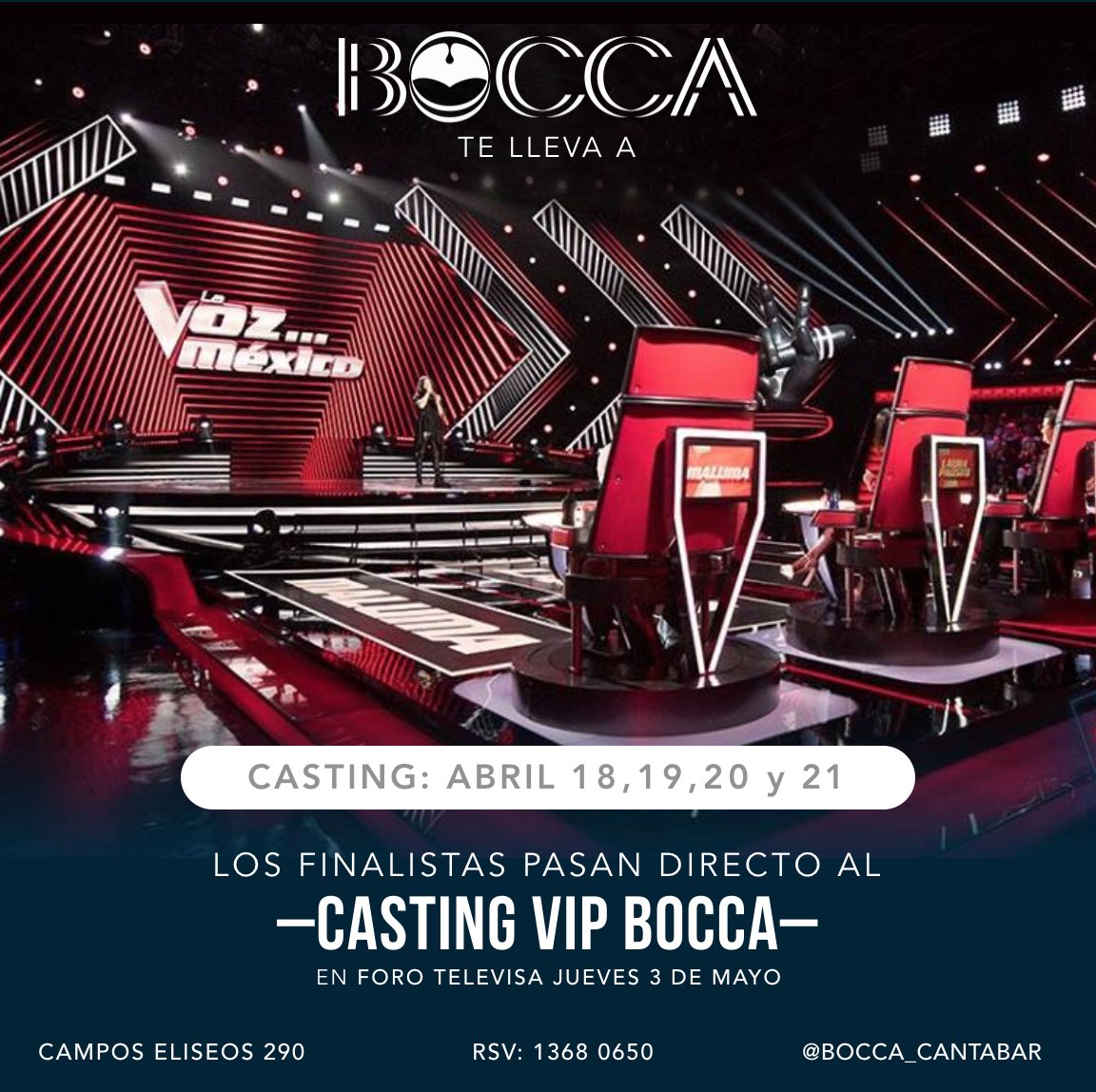 Bocca_cantabar's tweet photo. ¡Comenzamos! Realiza el casting para @LaVozMexico en @Bocca_cantabar este 18, 19, 20, 21 y 22 de abril, a partir de las 10:00 pm.

#LaVozEnBocca #CastingVIPBocca #BoccaTeLlevaALaVozMexico
#LaVozMexico #CastingLaVozVIP #CastingLaVozMéxico https://t.co/v6Dp9WTG4M