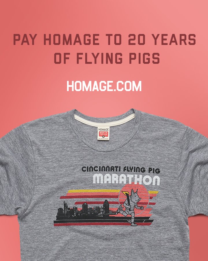 RunFlyingPig's tweet photo. We're really excited to reveal this unique shirt in partnership with @homage so we're doing a GIVEAWAY! Retweet for your chance to win. We'll pick a lucky winner tomorrow. Shirts are available to purchase at https://t.co/9I2k97ovn1. #runflyingpig #20yearsrunning #20daysontherun https://t.co/RNnSBFQNHX