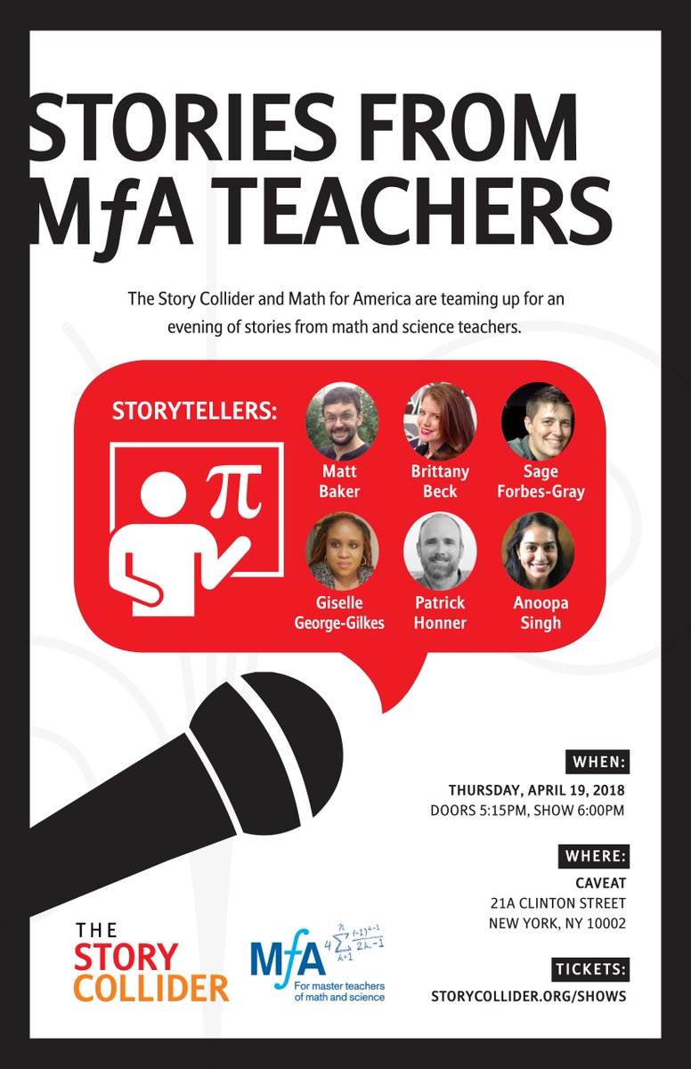 MathforAmerica's tweet photo. This week’s #MfAThursdayThinks with @story_collider will feature an evening of authentic, passionate stories from MƒA Teachers @stoodle, @brittanbeck, @3G24, @MrHonner, @ChemistrySingh, and Sage Forbes-Gray! @caveatnyc https://t.co/KfPVXXRE3s