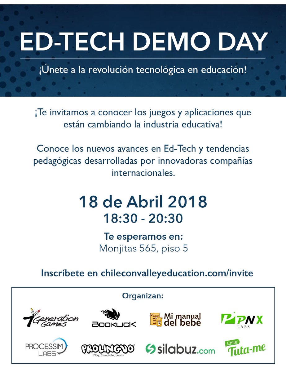startupchile's tweet photo. #EdTechDemoDay - ¡Conoce y conversa con emprendedores de @startupchile que están innovando en educación!. Miércoles 18 de Abril en Monjitas 565. Inscríbete aquí: https://t.co/QaeJtkJGHV https://t.co/qYhSARwVDJ