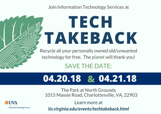 UVAITS's tweet photo. #UVATechTakeback is this Friday and Saturday! Start collecting your old monitors, chargers, and keyboards (we'll even take CDs!) to bring them by for FREE e-cycling. Learn more here: https://t.co/hIbZvdCPLe https://t.co/8Q05i7TJII