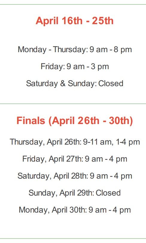 MC_WCenter's tweet photo. Check out our hours for the next two weeks! Finish this semester strong! https://t.co/VFKmaVKry2