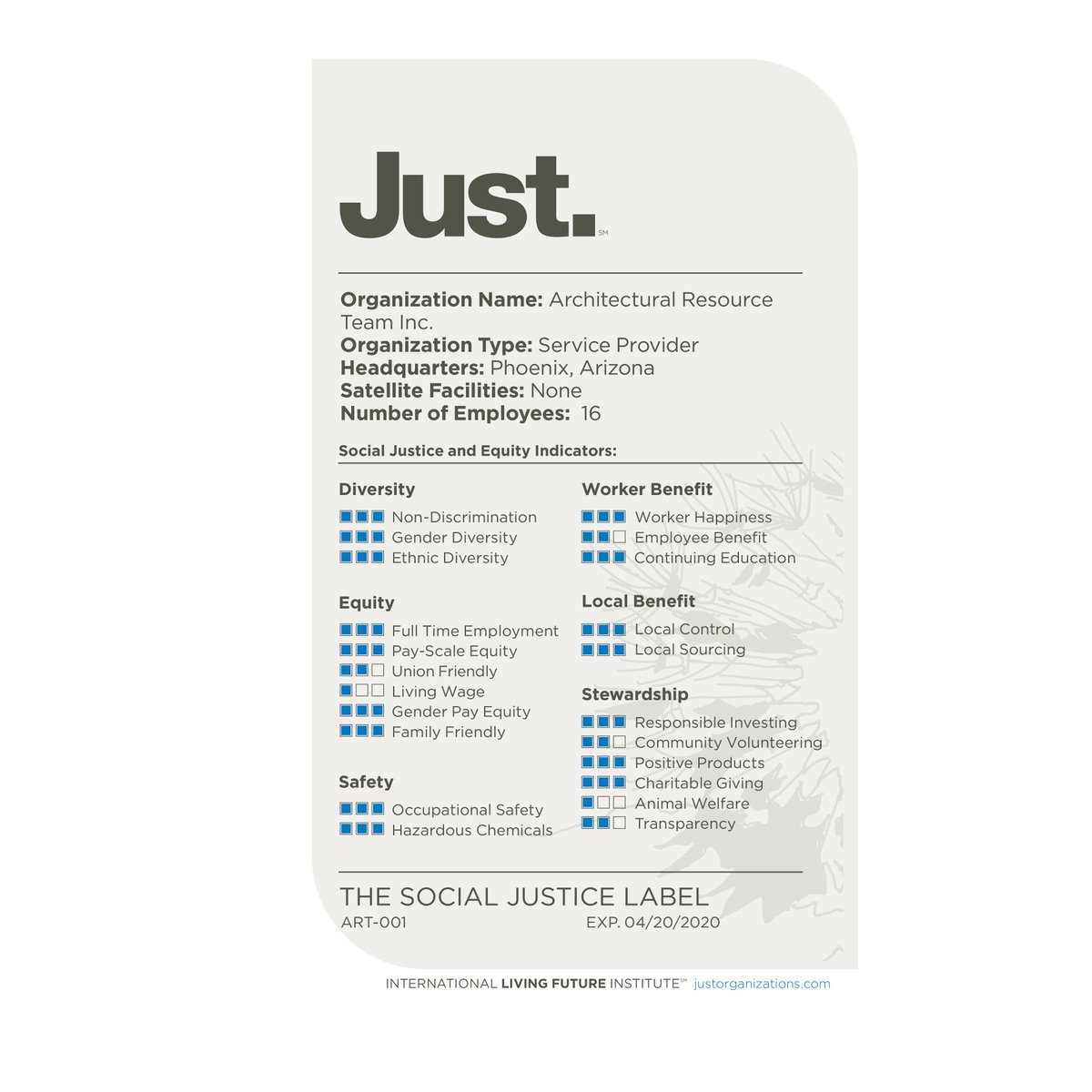 art_phx's tweet photo. Proud to be the first business in #Arizona to earn #JUSTLabel from @Living_Future. We evaluated our firm on diversity, equity, safety, worker benefit, local benefit, and stewardship. Learn more: https://t.co/6UmFNIuhrE https://t.co/RPwZBLOzWI