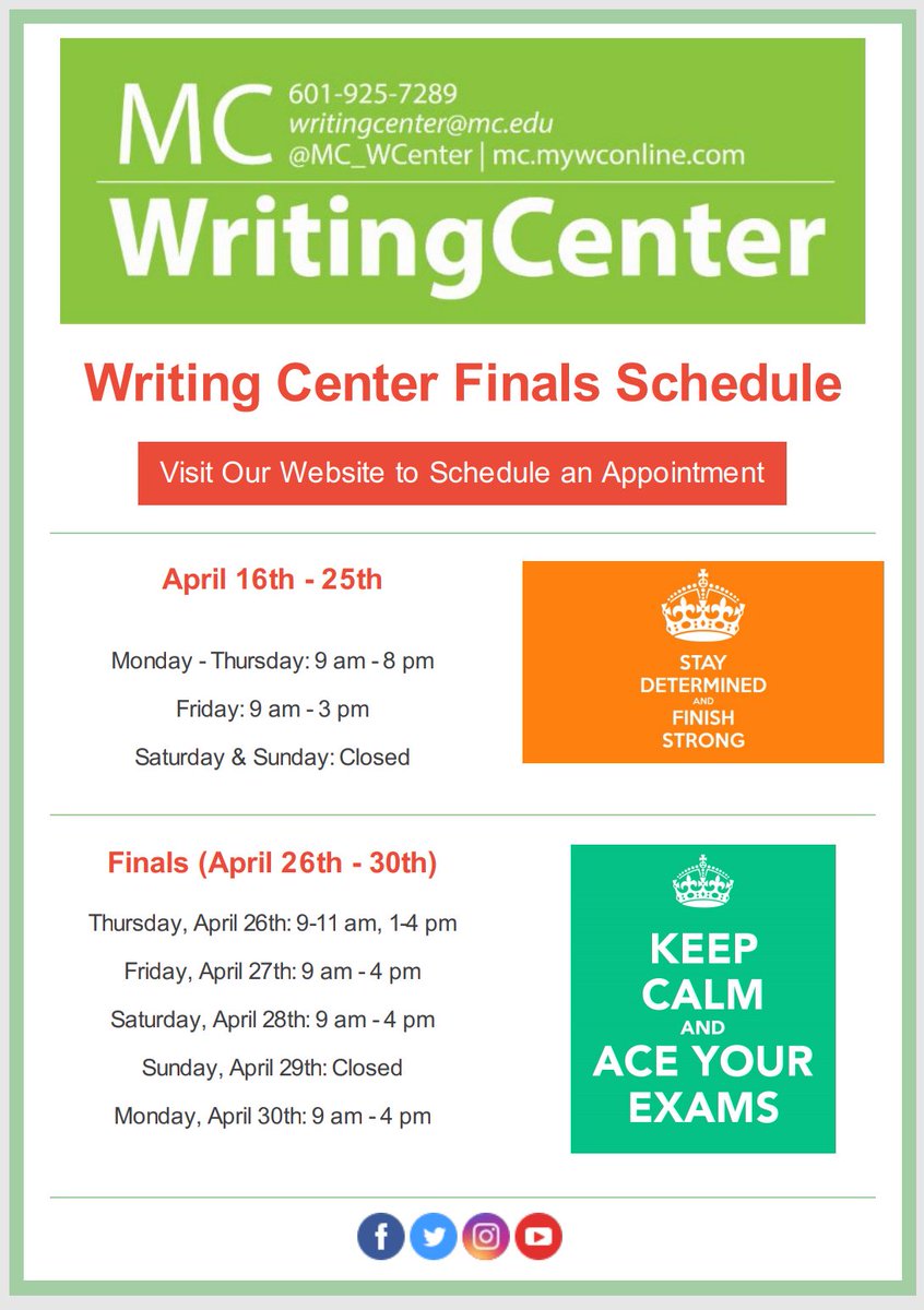 MC_WCenter's tweet photo. Check out our hours for the next two weeks! Finish this semester strong! https://t.co/VFKmaVKry2