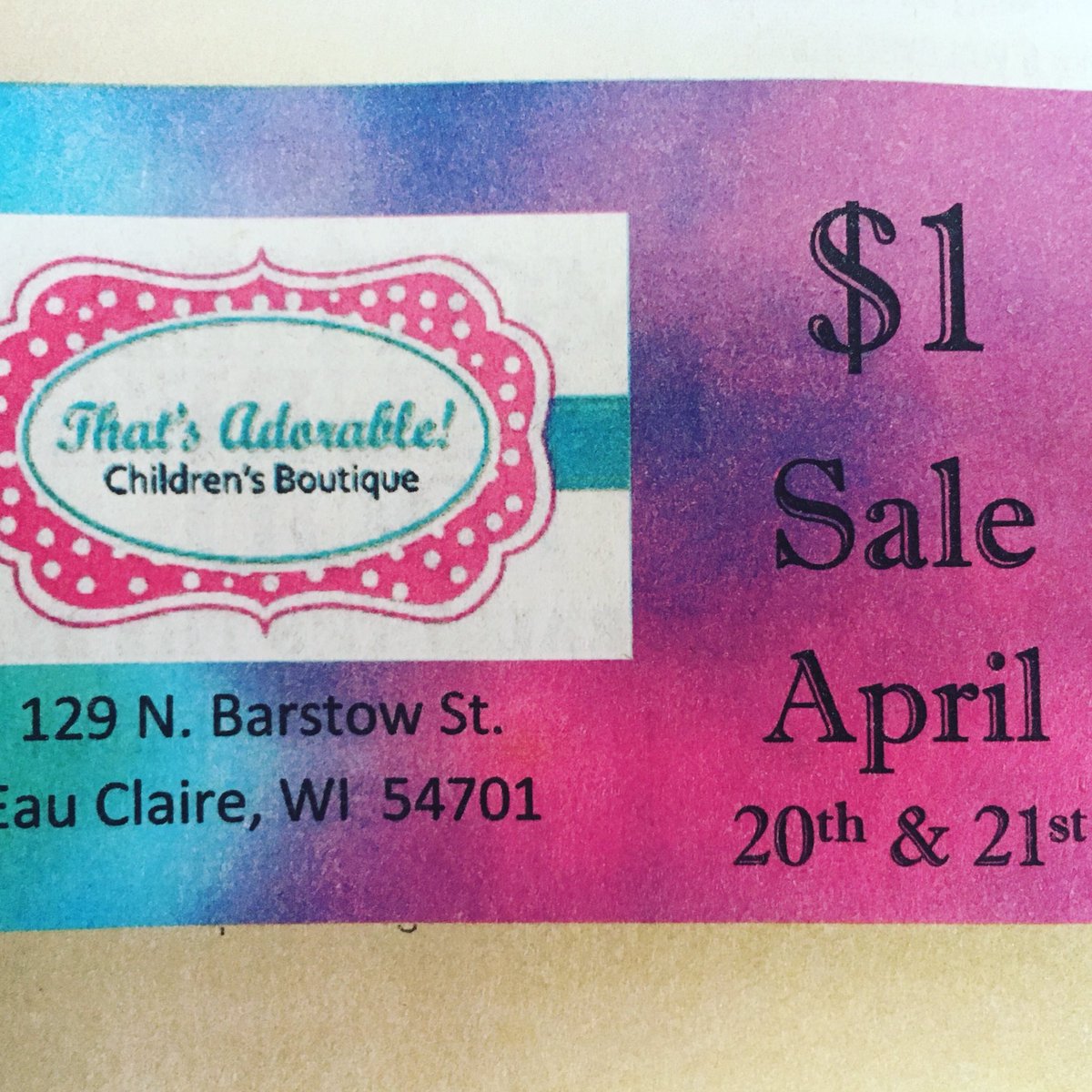 ThatsAdorableEC's tweet image. This weekend!  #dollarsale #kidsconsignment #EauClaire #shopsmall #shoplocal