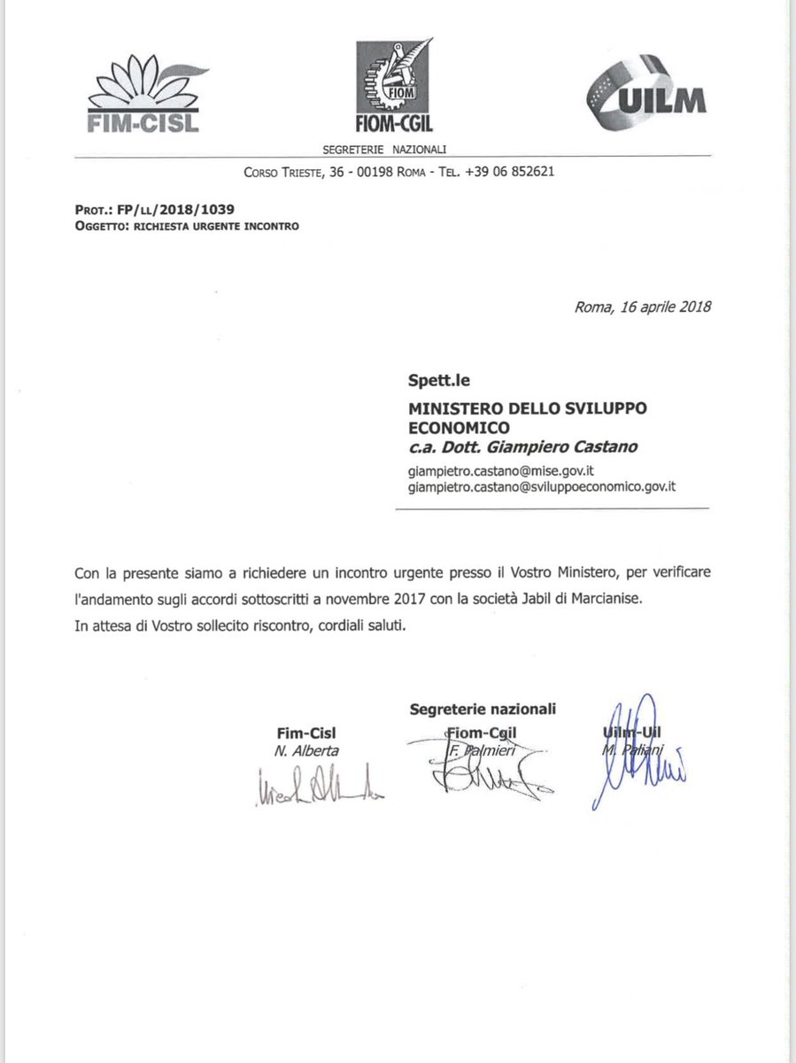 #SOSTerraDiLavoro #SOSJabilCircuit
FIM FIOM UILM chiedono un incontro urgente al Ministero dello Sviluppo Economico #LaFIOMCe