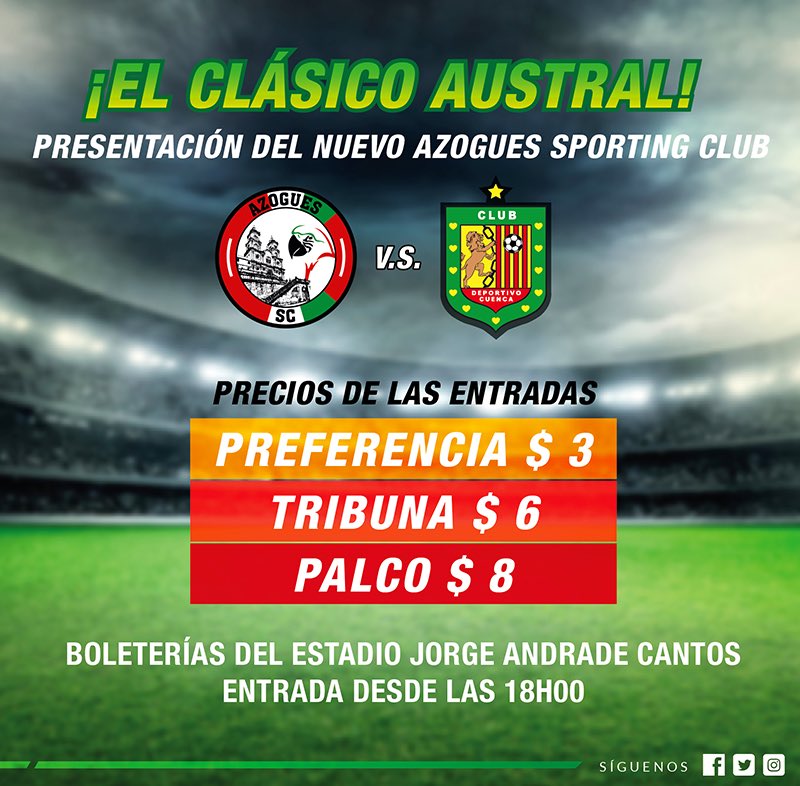Azogues_SC's tweet photo. Azogues Sporting Club y Deportivo Cuenca te esperan este miércoles 18 de Abril en el Clásico Austral!!
Te esperamos!!
#azoguesSC #nocheazoguena #clasicoaustral #elnuevoazogues https://t.co/2fIbhEBTdl